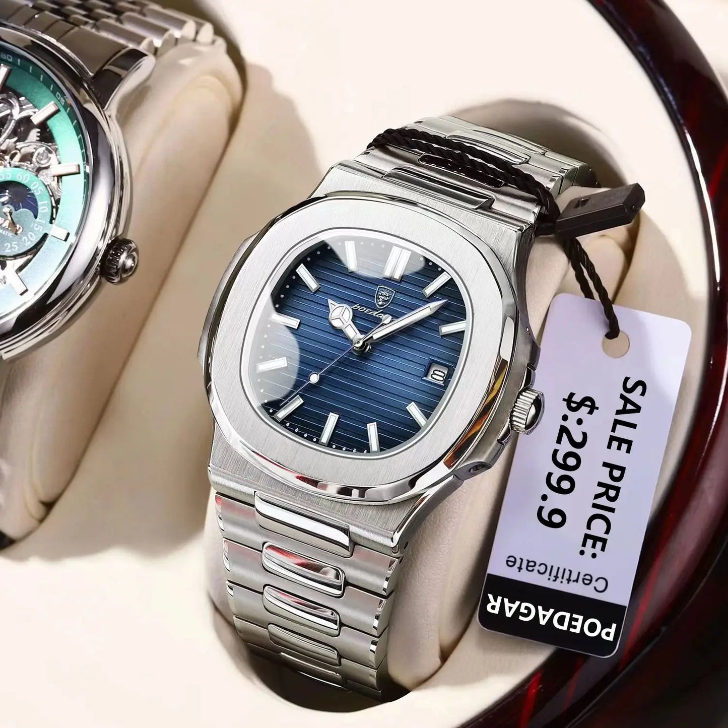 Luxury Classic Man Watches Luminous Date Stainless Steel Square Quartz Male Clock Waterproof Watch for Men Reloj +Box