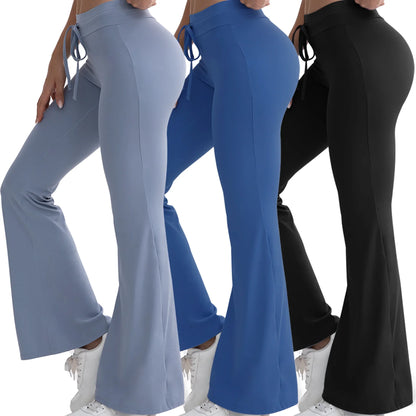 3pcs Women's High-Waisted Yoga Workout Flare Leg Pants Waistband drawstring,Breathable Stretchy,No Perspective Exercise