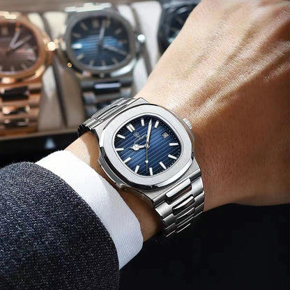 Luxury Classic Man Watches Luminous Date Stainless Steel Square Quartz Male Clock Waterproof Watch for Men Reloj +Box