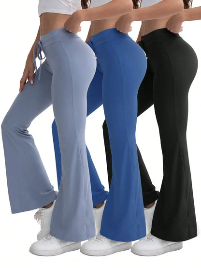 3pcs Women's High-Waisted Yoga Workout Flare Leg Pants Waistband drawstring,Breathable Stretchy,No Perspective Exercise