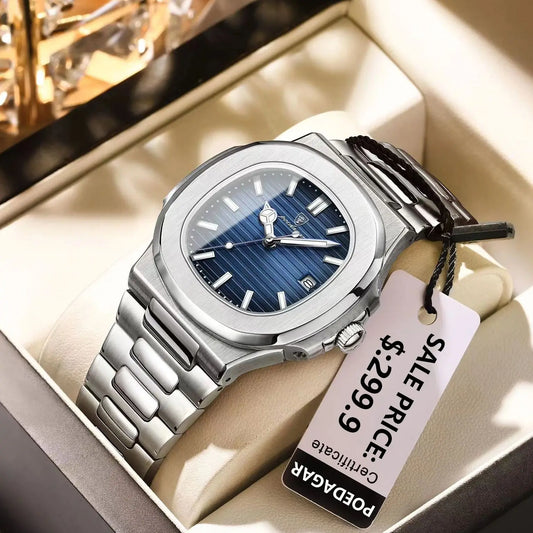 Luxury Classic Man Watches Luminous Date Stainless Steel Square Quartz Male Clock Waterproof Watch for Men Reloj +Box