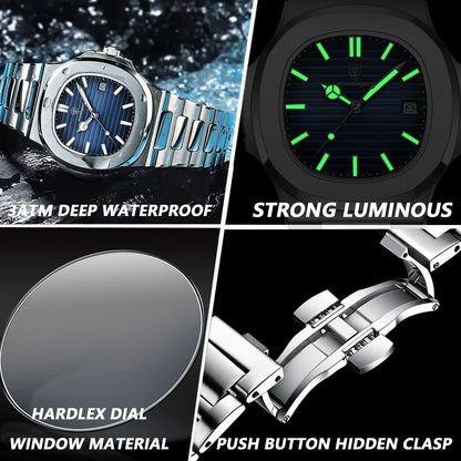 Luxury Classic Man Watches Luminous Date Stainless Steel Square Quartz Male Clock Waterproof Watch for Men Reloj +Box
