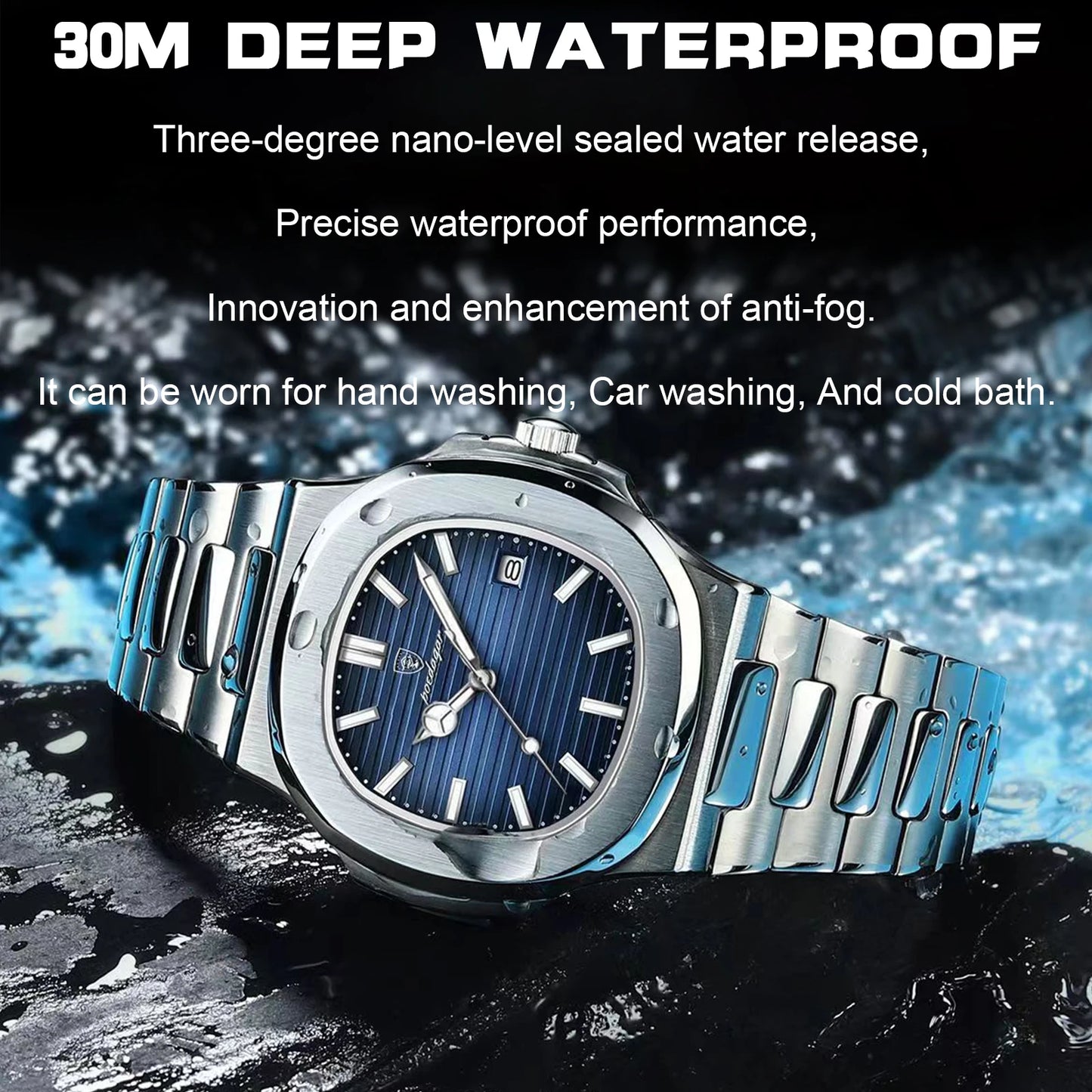 Luxury Classic Man Watches Luminous Date Stainless Steel Square Quartz Male Clock Waterproof Watch for Men Reloj +Box