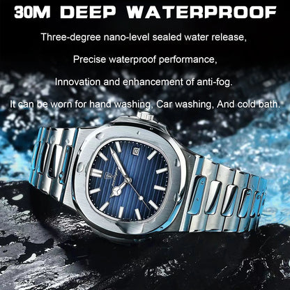 Luxury Classic Man Watches Luminous Date Stainless Steel Square Quartz Male Clock Waterproof Watch for Men Reloj +Box